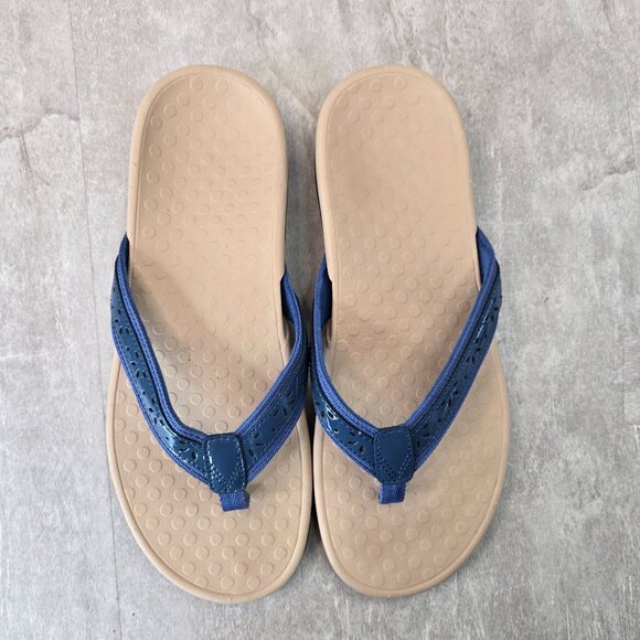 Vionic Casandra Thong Sandals Sz 10 Blue Leather Open Toe Arch Support Flip Flop - Picture 2 of 11